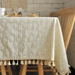 Beige Daisy Lace Tassels Cotton Tablecloth Rectangle Table Cover for Tea Table Decorations Kitchen Living Room Wedding Party Use