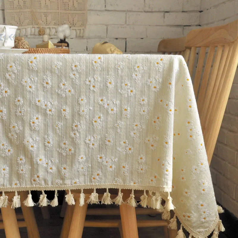 Beige Daisy Lace Tassels Cotton Tablecloth Rectangle Table Cover for Tea Table Decorations Kitchen Living Room Wedding Party Use - الصورة 11