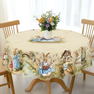 1 Easter Round Tablecloth, 5 Sizes Available, Retro Easter Bunny Egg Flower Print Square Tablecloth, Edge Embossing Process, Easter Spring Garden Tablecloth Decoration, Tablecloth for Daily Home Kitchen, Terrace Use, Easter Decoration