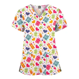 Wholesale Polyester Spandex Uniforms Beautiful Hospital Scrubs Tops Women Nurse Printed Scrub Top Healthcare Nursing Scrub Shirt