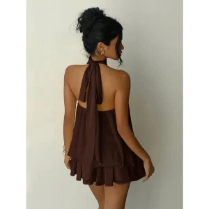 Women's Halter Neck Dress, Backless Tie-Front Chiffon Sheer Mini Skirt, Fashionable Sexy Y2K Vintage Cute Party Birthday Dress