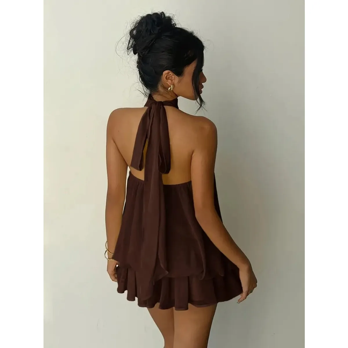 Women's Halter Neck Dress, Backless Tie-Front Chiffon Sheer Mini Skirt, Fashionable Sexy Y2K Vintage Cute Party Birthday Dress - الصورة 5