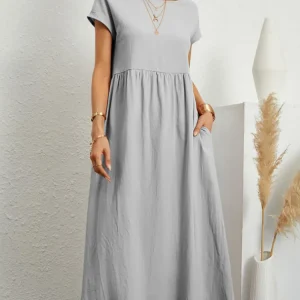 Women Vintage Solid Dress 2023 Summer Elegant O Neck Short Sleeve Cotton Linen Dresses Female Casual Loose Sundress Long Dress