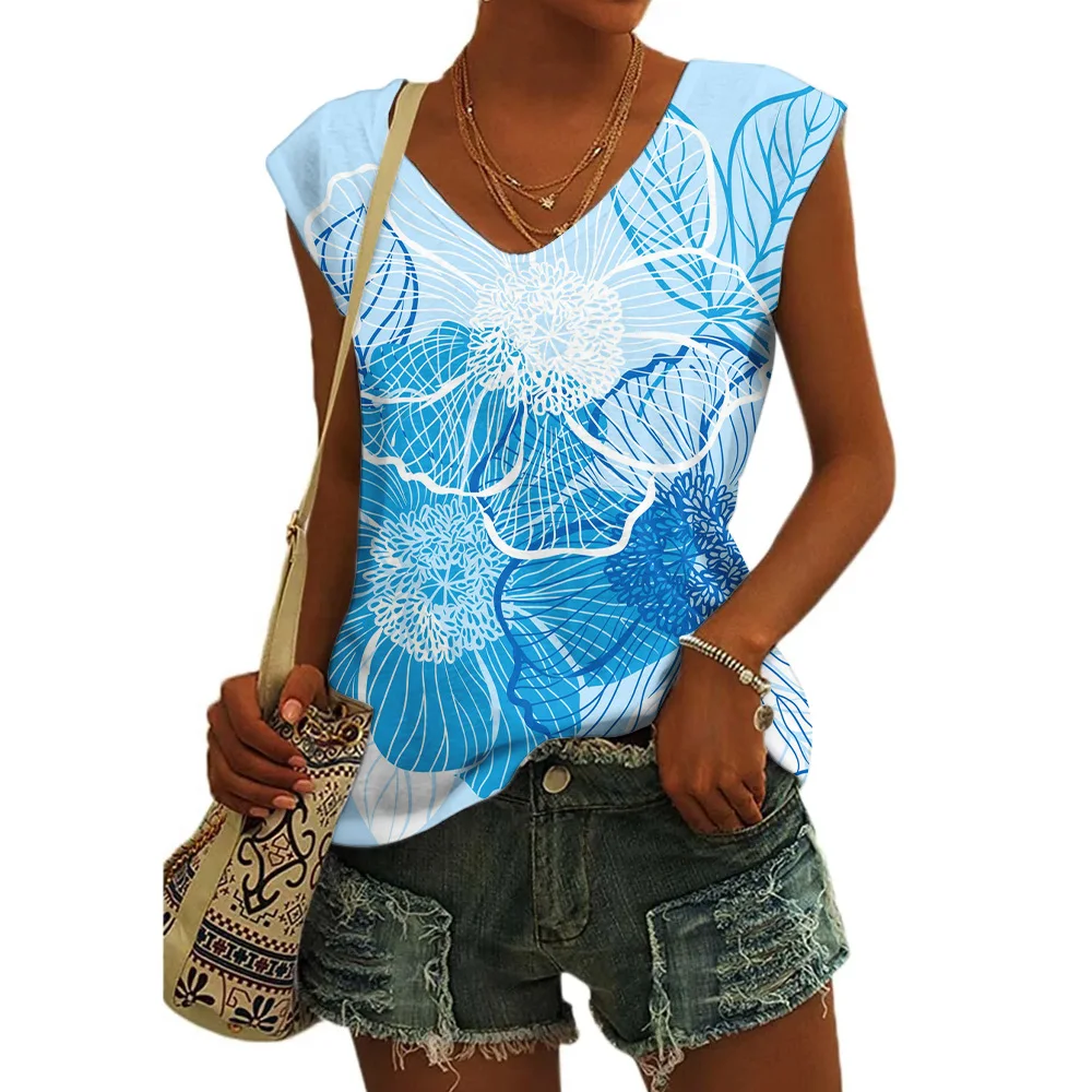 Women's Basic T-shirts Blue Flower Printed Breathable V Neck Cap Sleeves Tank Tops Vintage Summer Beach Loose Fit Tees Tops