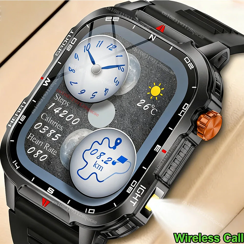 2026 Rugged Military Smart Watch Men's Watch 2.01Inch HD Touch Screen Voice Bluetooth Call LED Flashlight Outdoor Smartwatch Man