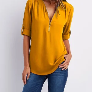 2025 Hot Sale Women Cool Loose Shirt Deep V Neck Chiffon Fashion Blouse Casual Ladies Tops Sexy Zipper Pullover Plus Size