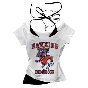 Hawkins Demogorgon White Short Sleeve Vintage Basic Tees Ladies Clothes Grunge Graphic Top Casual T Shirt Women