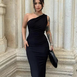 Women Maxi Dresses Sexy Split Black Sleeveless Backless Slim Dress Summer Female Fashion Off Shoulder Club Elegant Party Dresses