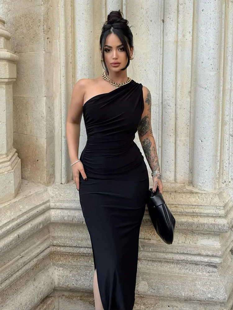 Women Maxi Dresses Sexy Split Black Sleeveless Backless Slim Dress Summer Female Fashion Off Shoulder Club Elegant Party Dresses - الصورة 8