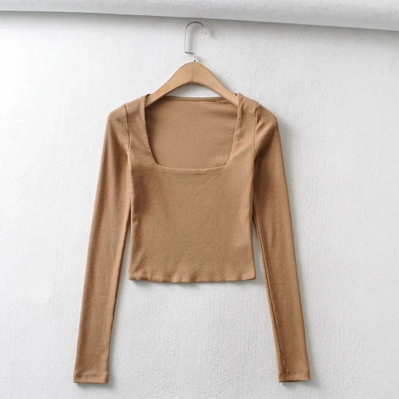 Women Ribbed Square Neck Crop Top With Long Sleeve - Image 9