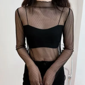 Women Lace Bottomed Blouse T-shirt Spring And Autumn Long Sleeve Mesh Crop Top Foreign Style Sexy Hollow Mesh Top High Neck 2024