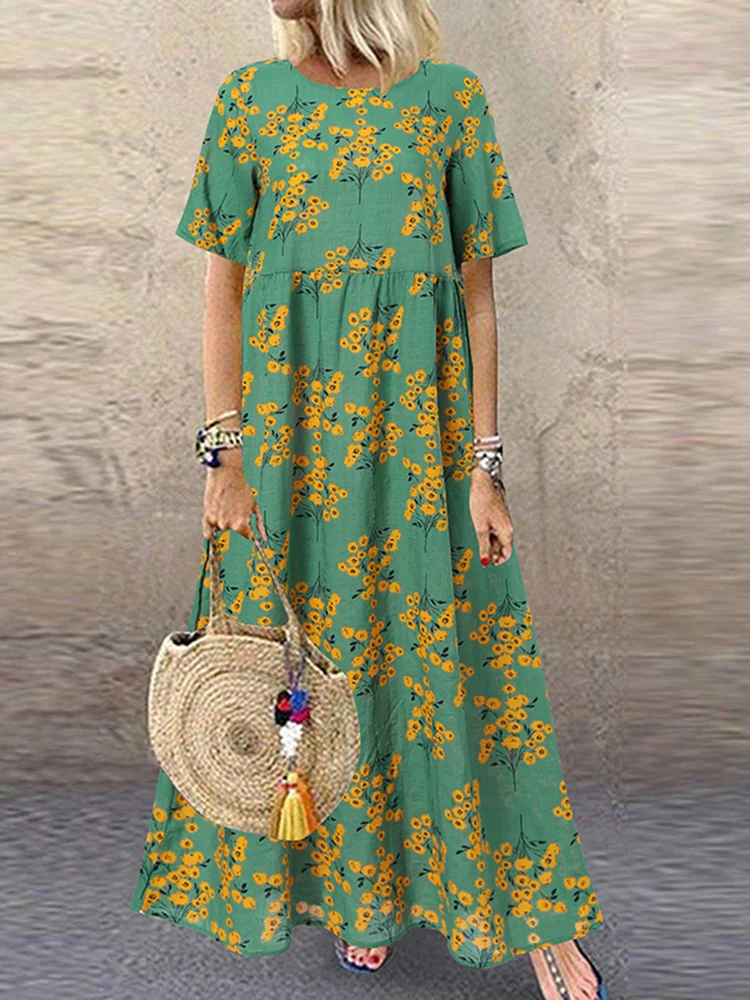 Vintage Printed Maxi Dress Women's Summer Sundress ZANZEA 2025 Casual Short Sleeve Holiday Floral Vestidos Female O Neck Robe - الصورة 12