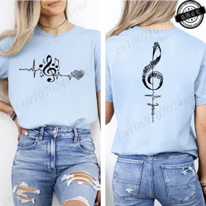 Musical Notes Printed T-Shirt for Women,Heartbeat Music Graphic Tee Shirts Clothes,Aesthetic Women's Tee T-Shirts Musician Gift