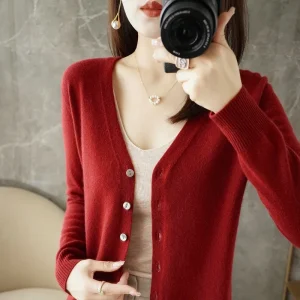 Cardigans Women 2025 Autumn Single Breasted V-neck Knitted Sweater Fashion Short Knitwear Solid Blue Green Pink Women's Jumpers