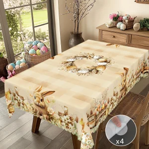 1 Piece of Easter Round Tablecloth, Available in 5 Sizes, Featuring Cute Bunny and Baby Chick Designs Paired with Painted Eggs, Plaid Truck Full of Spring Bouquets and Wreaths Wrapped Around Gilded Egg Decorations, Round Printed Tablecloth with Embossed Edges, Easter Spring Garden Tablecloth Decorat