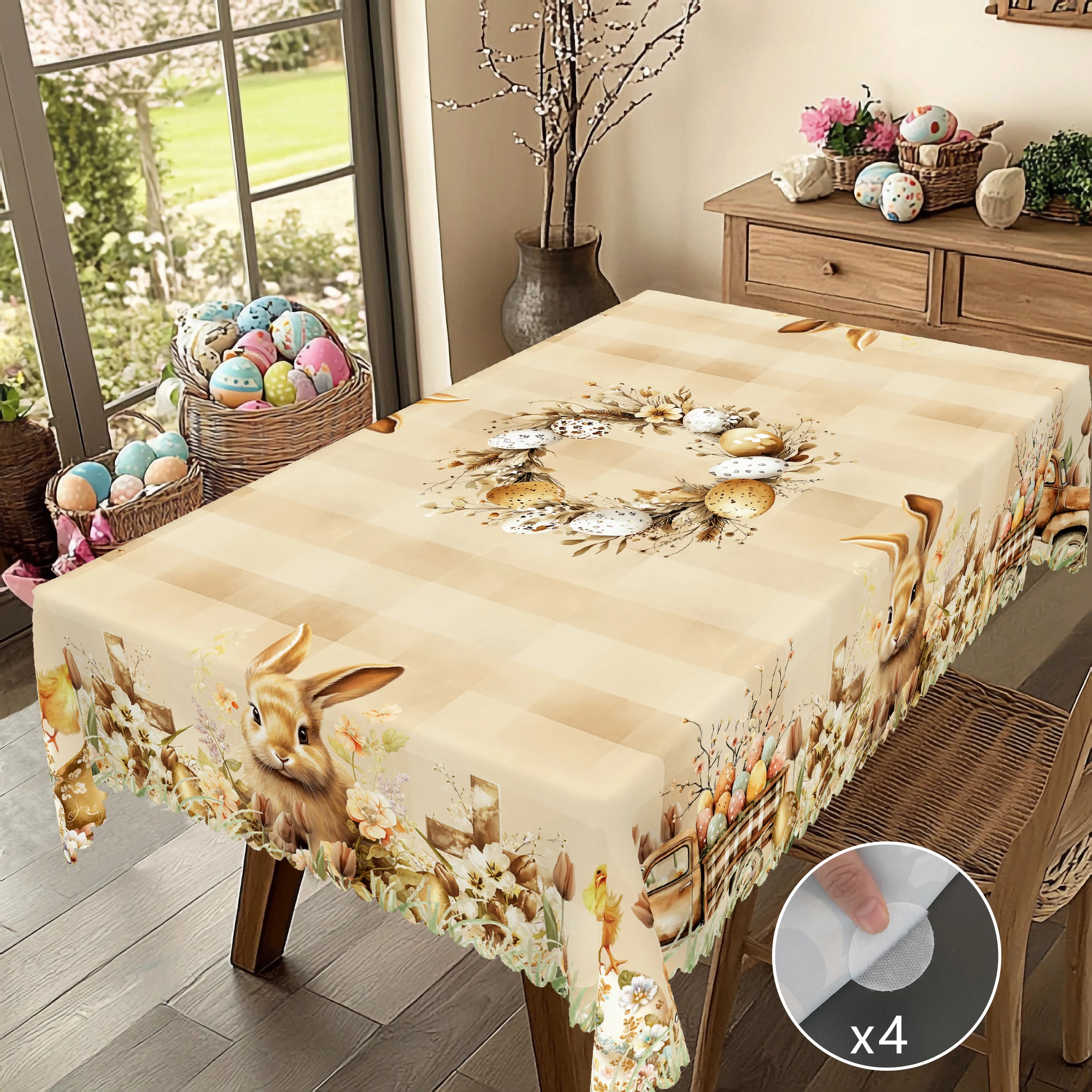 1 Piece of Easter Round Tablecloth, Available in 5 Sizes, Featuring Cute Bunny and Baby Chick Designs Paired with Painted Eggs, Plaid Truck Full of Spring Bouquets and Wreaths Wrapped Around Gilded Egg Decorations, Round Printed Tablecloth with Embossed Edges, Easter Spring Garden Tablecloth Decorat - الصورة 3