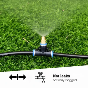 Brass Misting Nozzle with Tee Adapter Adjustable Atomizer Sprayer Outdoor Garden Irrigation Watering 6/8/10/12/14/16mm PE Tubing