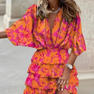 Women's Sport Dress V-Neck Loose Batwing Sleeve Elastic Waist Printed Dress Mini Casual Ruffle Hem Dresses