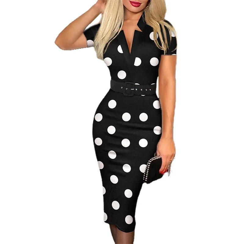 Allover Print V Neck Pencil Dress Elegant Long Sleeve Belt Dress Women's Clothing - Image 3