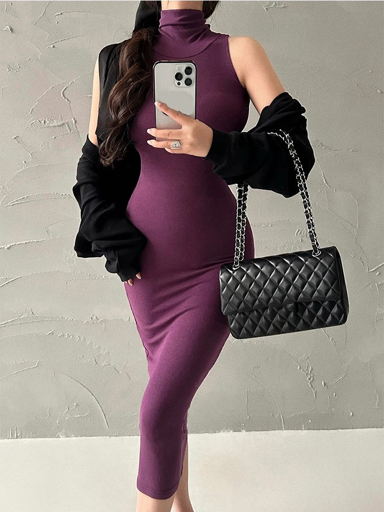 Red Skinny Sexy Turtleneck Midi Dress Women Evening Party Ladies Elastic Hip Wrap Elegant Bodycon Dresses Y2k Clothing - الصورة 4