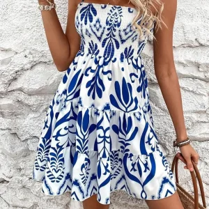 Pure desire sweet white strapless dress for women, summer spicy girl waist-fitting fishbone princess puff skirt short dress.