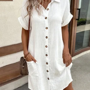 Summer Solid Simple Short Sleeve Shirt Dress Women's Turn-down Collar Single Breasted Casual Elegant Ladies Loose Dresses