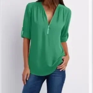 2025 Hot Sale Women Cool Loose Shirt Deep V Neck Chiffon Fashion Blouse Casual Ladies Tops Sexy Zipper Pullover Plus Size