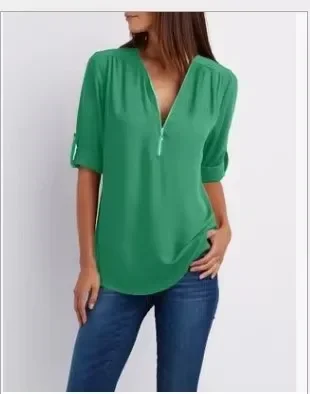 2025 Hot Sale Women Cool Loose Shirt Deep V Neck Chiffon Fashion Blouse Casual Ladies Tops Sexy Zipper Pullover Plus Size - Image 16