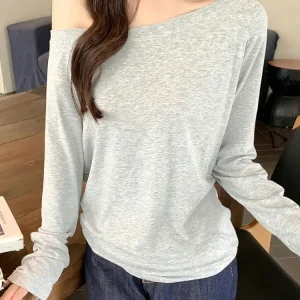 Oversize Off shoulder Long sleeve T shirt Women Solid color Casual Tops Lady Spring Autumn Basic Tees Korean style Youth Blouses