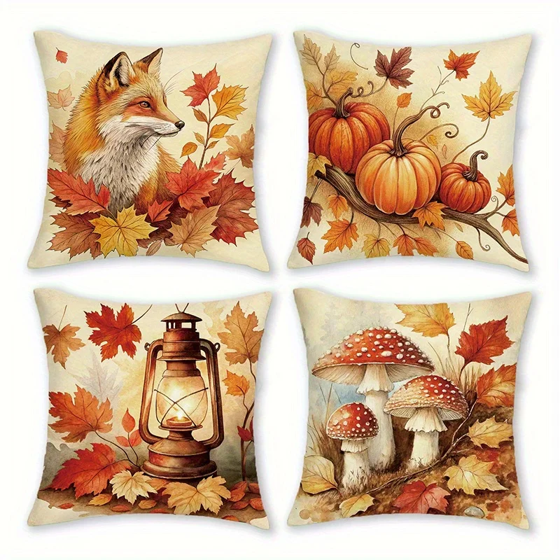 Home Decor Autumn-themed Fox, Pumpkins, Lantern & Mushrooms Pillow Covers Pattern Cushion Cover Suitable for Sofa Bedroom Car