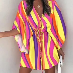 Women Print Dress Sexy V-Neck Bat Sleeve Ruffl Flowers Print Bohemian Beach Sundress Ladies Loose Summer Vacation Mini Dresses