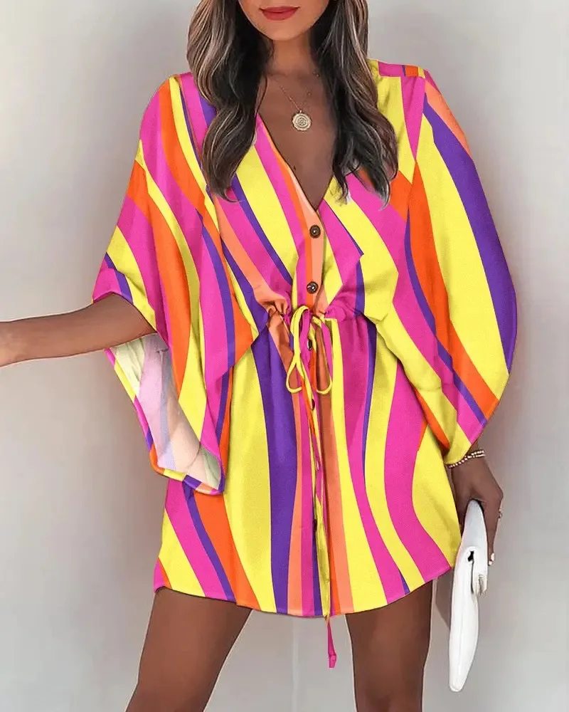 Women Print Dress Sexy V-Neck Bat Sleeve Ruffl Flowers Print Bohemian Beach Sundress Ladies Loose Summer Vacation Mini Dresses
