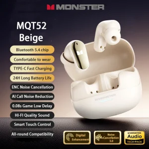 Choice Monster New MQT52 TWS Wireless Bluetooth 5.4 Headset HIFI Stereo Gaming Music Earphones Talking Noise Canceling Earbuds