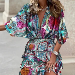 Women's Sport Dress V-Neck Loose Batwing Sleeve Elastic Waist Printed Dress Mini Casual Ruffle Hem Dresses