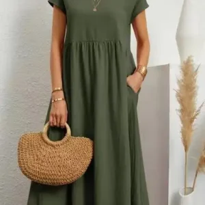 Women Vintage Solid Dress 2023 Summer Elegant O Neck Short Sleeve Cotton Linen Dresses Female Casual Loose Sundress Long Dress