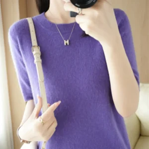Spring and Summer New Short-sleeved Women O-neck Slim Wool Cotton Blend Pullover Vest T-shirt Knitted Base Sweater