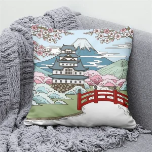 Lucky Cat Japanese Style Sofa Bed Decorative Pillow Cover Home Decor Mount Fuji Art Cushion