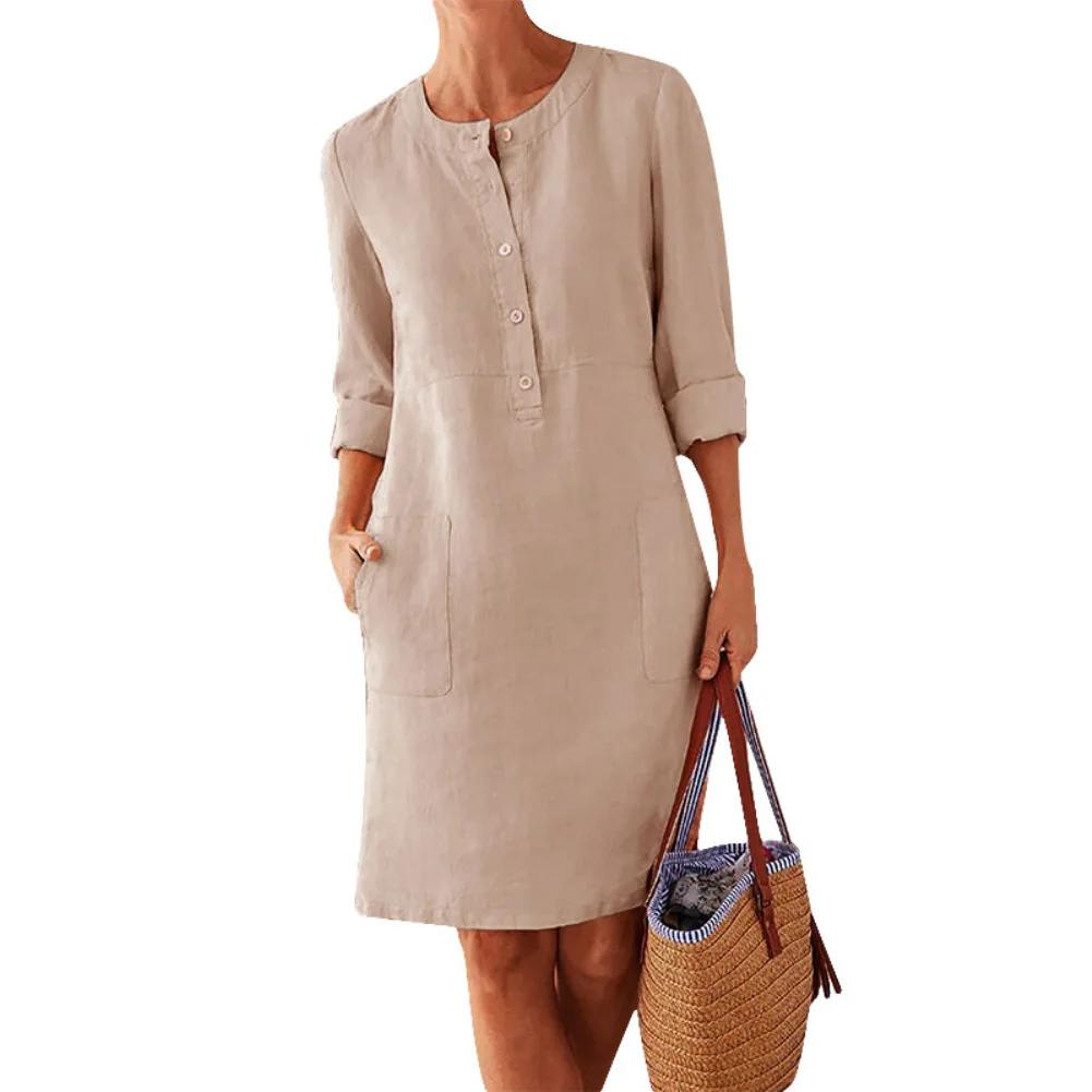 Women Casual Soild Long Sleeve Cotton And Linen Tunic Dress Vintage Straight Dress Long Sleeve Oversized Mini Knee-Length Dress - Image 7