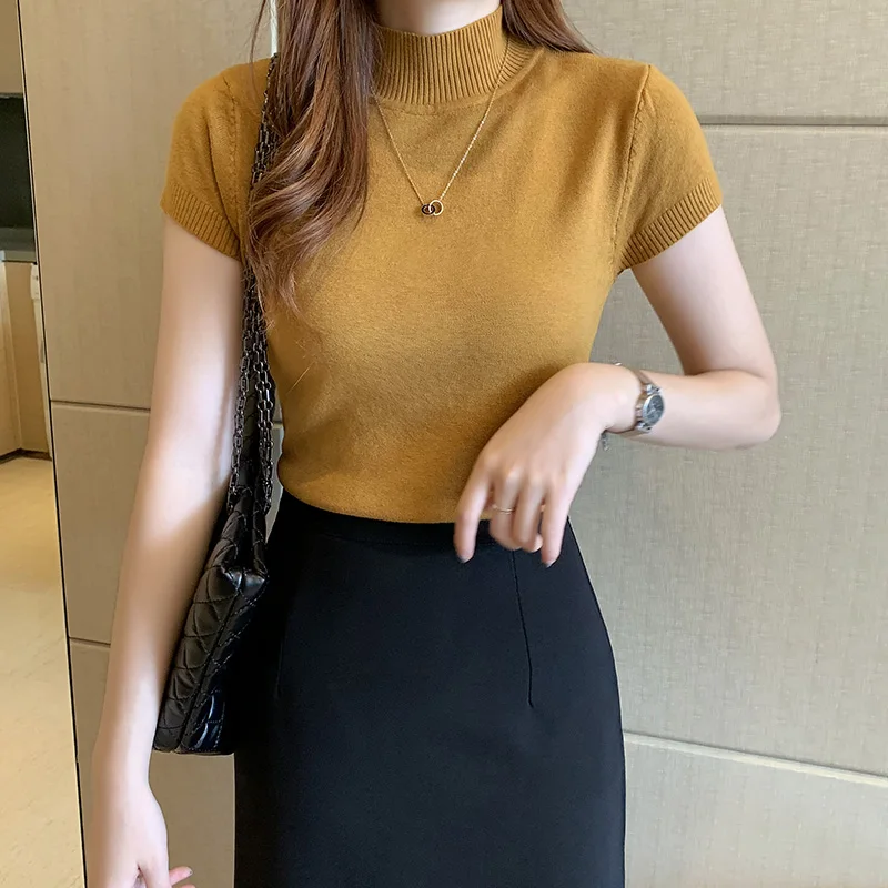 Spring Summer Women Knitted T-Shirts Short Sleeve Shirts Tops Female Elastic Slim Casual Knit Tee Crop Tops Women's T-Shirts - Image 5