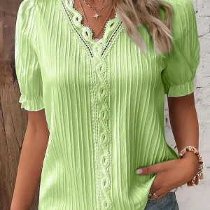 Elegant Women Blouse Shirt V Neck Lace Patchwork Short Sleeve Shirts For Women Summer Lady Tops