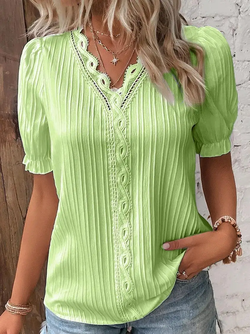 Elegant Women Blouse Shirt V Neck Lace Patchwork Short Sleeve Shirts For Women Summer Lady Tops