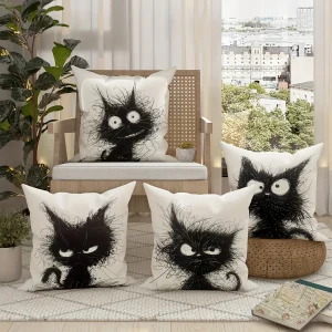 Contemporary Style Throw Pillow Covers with Whimsical Cat Design,Machine Washable for Various Room Decor, 18x18 inches