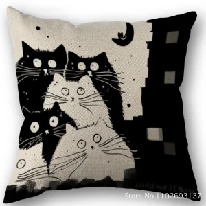 Cute Black And White Cat Printing Pillowcase Cotton Linen Fabric Square Zipper Pillowcase Wedding Decorative Pillow Cover