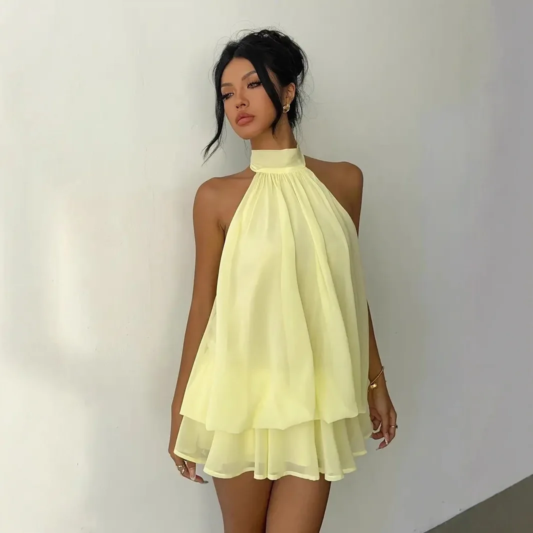 Women's Halter Neck Dress, Backless Tie-Front Chiffon Sheer Mini Skirt, Fashionable Sexy Y2K Vintage Cute Party Birthday Dress - الصورة 10
