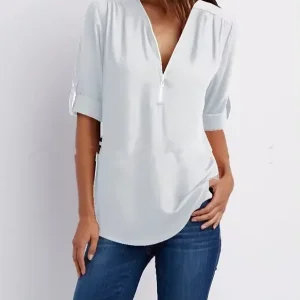 2025 Hot Sale Women Cool Loose Shirt Deep V Neck Chiffon Fashion Blouse Casual Ladies Tops Sexy Zipper Pullover Plus Size