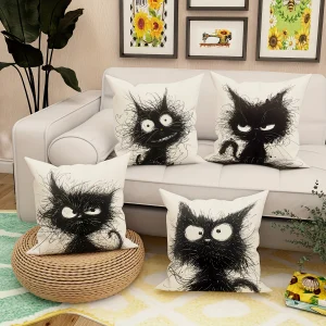 Contemporary Style Throw Pillow Covers with Whimsical Cat Design,Machine Washable for Various Room Decor, 18x18 inches