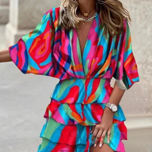 Women's Sport Dress V-Neck Loose Batwing Sleeve Elastic Waist Printed Dress Mini Casual Ruffle Hem Dresses