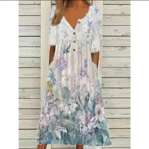 2026 New European & American Women's Spring Trendy Printed V-Neck Button Short-Sleeve Maxi Dress