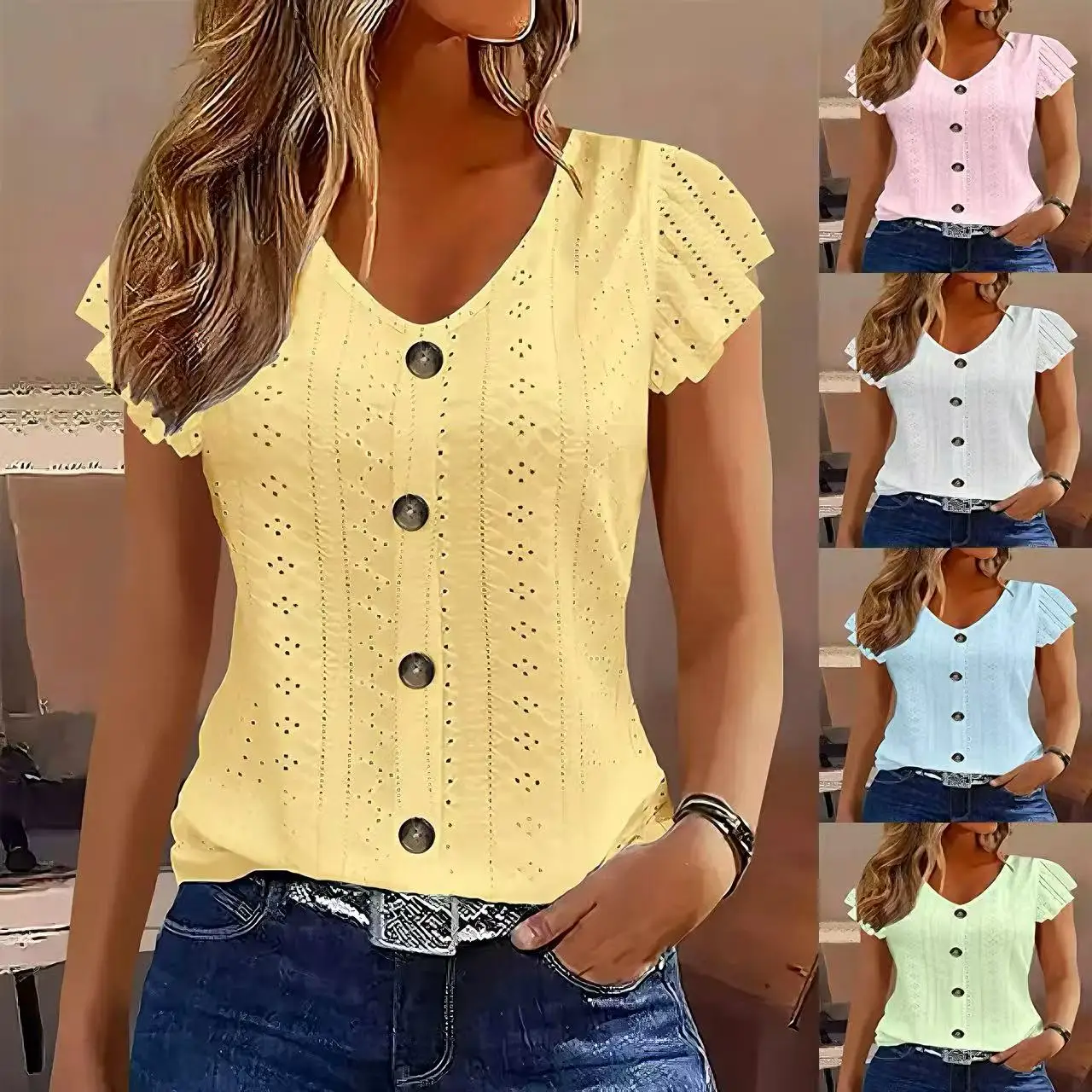 2025 Spring/Summer new women's fashion stylish commute casual solid color multi-color ruffle sleeve V-neck T-shirt