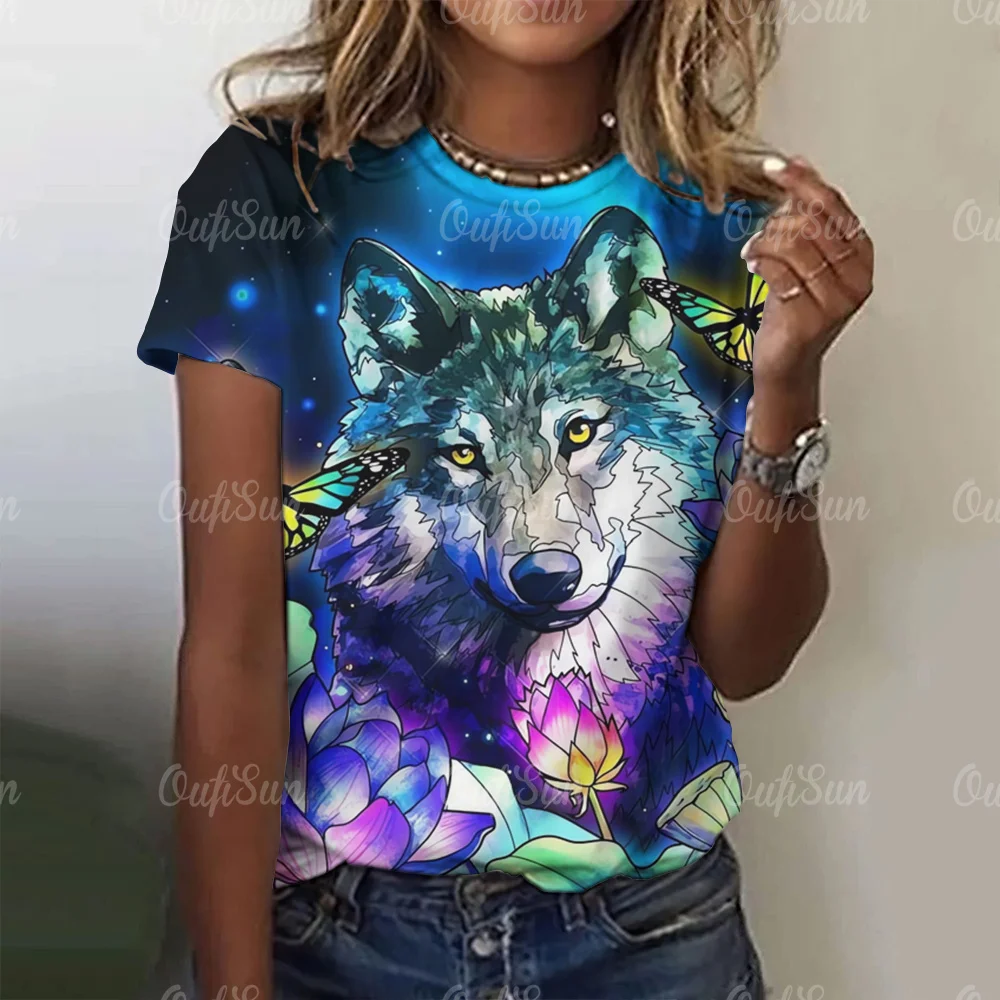 New T-shirt For Women Wolf Print Tees O Neck Loose Short Sleeve Blouse Female Fashion Animal Graphic Tops Harajuku Streetwear - الصورة 10